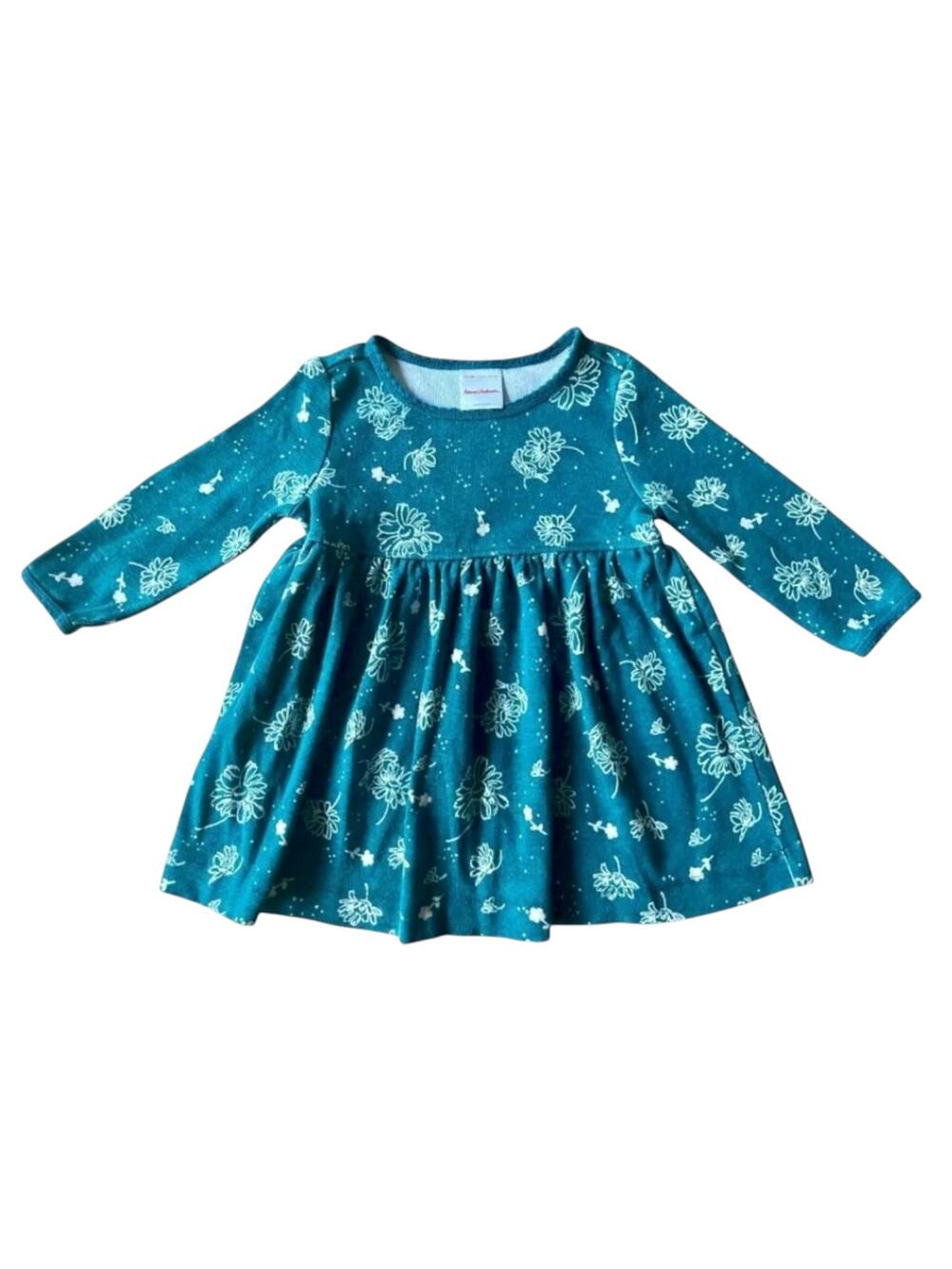 Hanna Andersson Teal Floral Long Sleeve Dress 12-18M (75cm)
